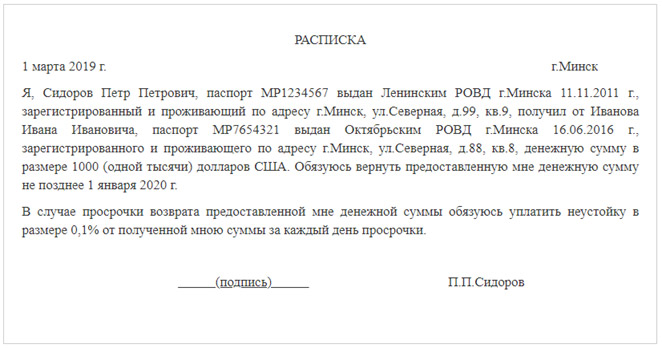 Пример расписки